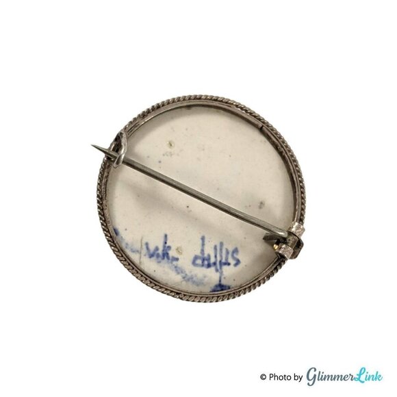 Vintage 835 Silver Handpainted Delft Holland Porcelain Round Rope Trim Brooch - Picture 3 of 9